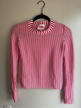 SOLID & STRIPED Pink and White Ribbed Stripe Crewneck Sweater